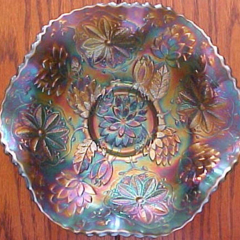 Vintage Green Fenton Waterlily & Poinsettia Ruffled Footed Sauce Bowl